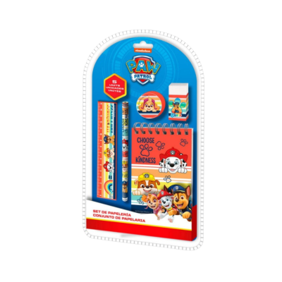 Conjunto de material escolar Paw Patrol com régua, lápis, apontador, borracha e bloco de notas em embalagem azul.