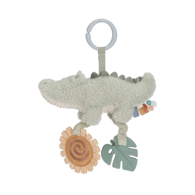 Brinquedo portátil de crocodilo cinza claro com anel para pendurar e elementos pendurados castanhos e verdes