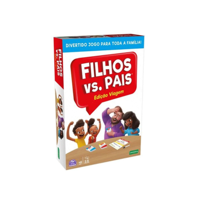 Caixa do jogo Filhos vs. Pais Edição Viagem com ilustração de família e cartas.