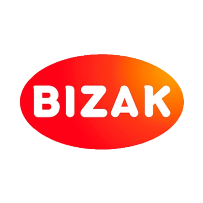 Logótipo BIZAK em oval vermelho a laranja com texto branco