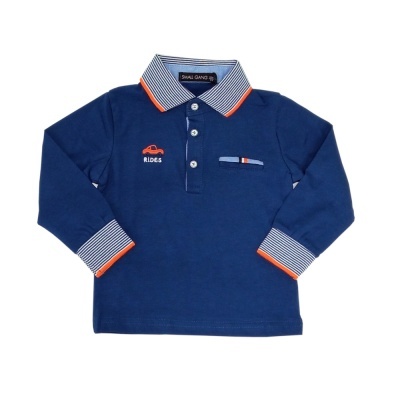 Camisola azul escura de manga comprida para criança com gola e punhos às riscas e detalhes laranja