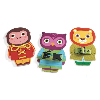 Bonecos de madeira com fechos para crianças, macaquinho, coruja e leão coloridos.