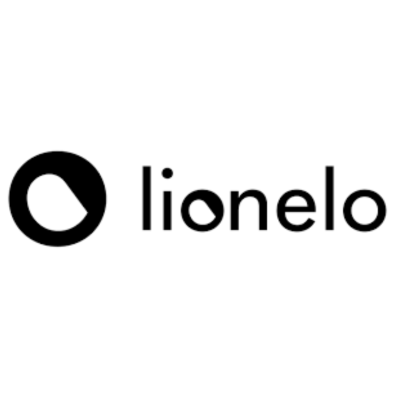 Logótipo da Lionelo com símbolo circular e texto preto sobre fundo branco