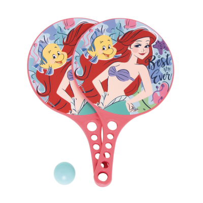 Raquetes de praia coloridas com personagens animados e bola azul