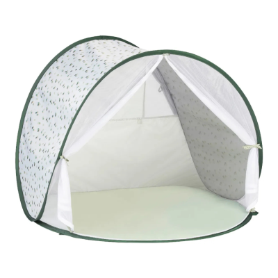 Barraca pop-up branca com padrão de folhas verdes e armação verde