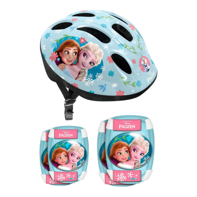 Capacete azul claro e joelheiras com personagens Disney Frozen