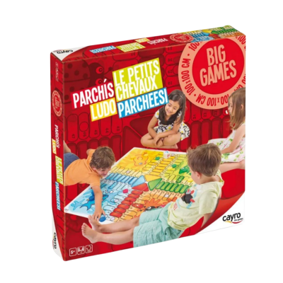 Caixa de jogo de tabuleiro Parcheesi com crianças a jogar num tabuleiro colorido