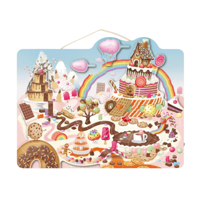 Ilustração de mundo de doces com bolo, pirulitos, chocolate e arco-íris