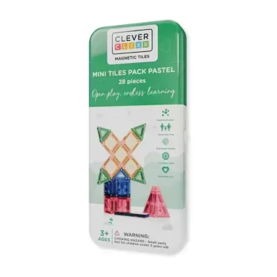 Caixa verde e branca de peças magnéticas coloridas CLEVER CLIXX com 28 peças pastel.