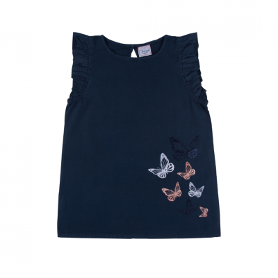 Vestido azul escuro para criança com bordados de borboletas