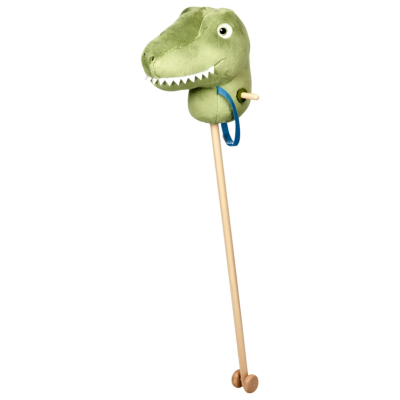 Brinquedo tipo pezinho com cabeça de dinossauro verde e haste de madeira com rodas