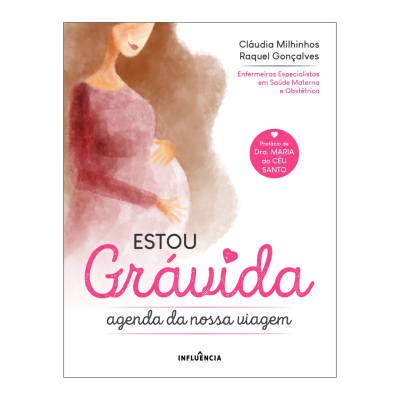 Capa de livro sobre gravidez com ilustração de mulher grávida e texto em rosa e preto