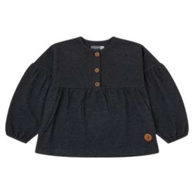 Blusa cinza escuro com botões e mangas compridas elásticas para criança