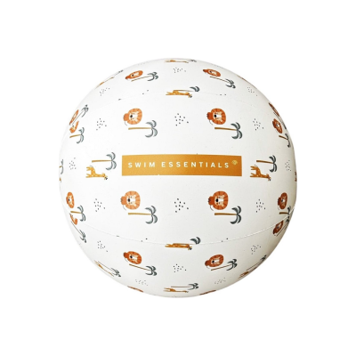 Bola de praia branca com padrão de leões e texto SWIM ESSENTIALS