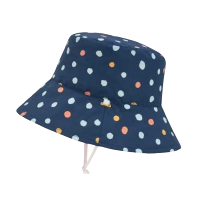 Chapéu de balde azul escuro com bolinhas coloridas e cordão ajustável