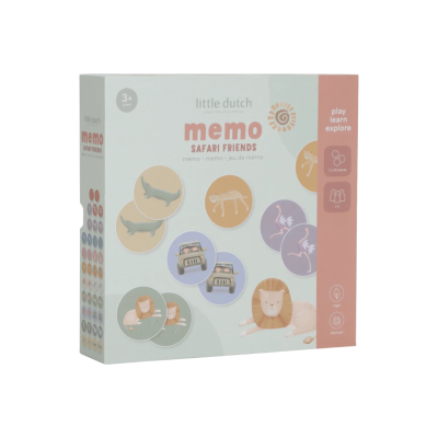 Caixa do jogo de memória memo SAFARI FRIENDS com ilustrações de animais e carro safari em tons pastel