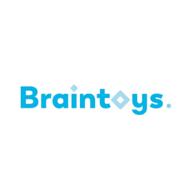 Logótipo da marca Braintoys em azul com formas geométricas
