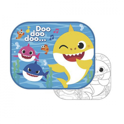 Conjunto de painéis de tecido com desenho de tubarão amarelo e texto 'Doo doo doo...' e painel para colorir