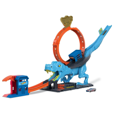 Pista de corridas Hot Wheels com dinossauro azul e laço laranja.