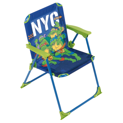 Cadeira infantil azul com estampa das Tartarugas Ninja e texto NYC ONE WAY.