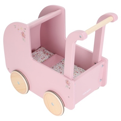 Carrinho de brincar rosa com detalhes florais e rodas de madeira