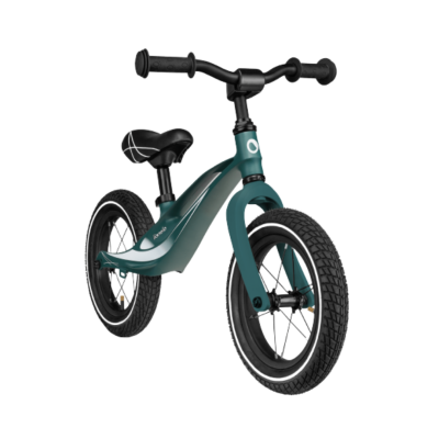 Bicicleta de equilíbrio para crianças verde escuro com pneus pretos e detalhes brancos