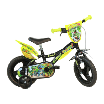 Bicicleta infantil preta com detalhes amarelos e verdes e decoração de dinossauros