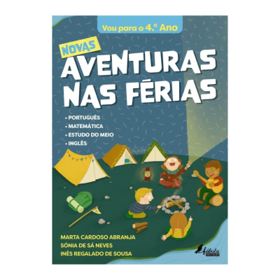 Livro escolar 'Novas Aventuras nas Férias' com ilustração de acampamento e crianças