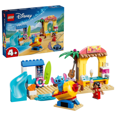 Conjunto LEGO Disney Lilo & Stitch com 113 peças e quiosque de praia amarelo e azul.