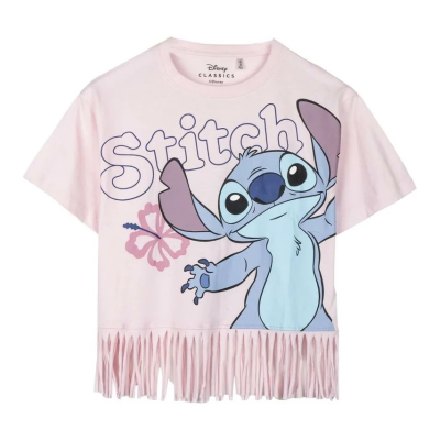 T-shirt rosa claro com estampa do Stitch e franjas