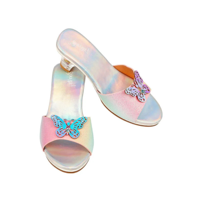 Sandálias abertas femininas com borboleta colorida e salto baixo transparente