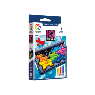 Caixa de jogo IQ Waves, Smart Games, com peças coloridas e texto das instruções e desafios