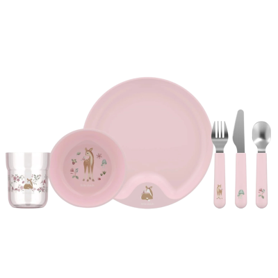 Conjunto infantil rosa com desenhos de veado e cogumelo