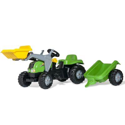 Brinquedo trator verde com pá amarela e reboque verde