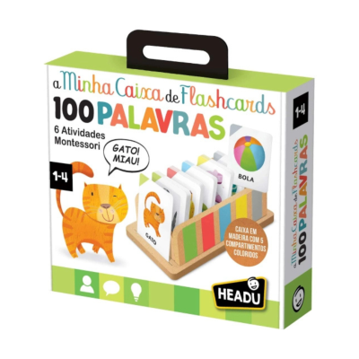 Caixa de flashcards 100 palavras com 6 atividades Montessori e suporte em madeira