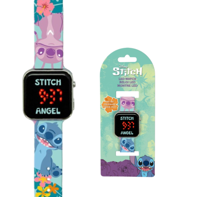 Relógio LED infantil Disney Stitch com bracelete azul e flores, mostrador digital com texto STITCH e ANGEL