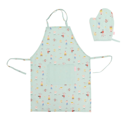 Avental e luva de cozinha verde água com padrões infantis coloridos