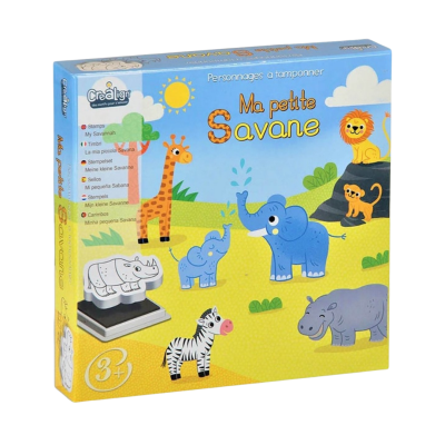 Caixa colorida de carimbos com animais da savana para crianças 3+