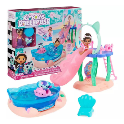 Conjunto de brinquedo com escorrega rosa e piscina azul da Gabby's Dollhouse