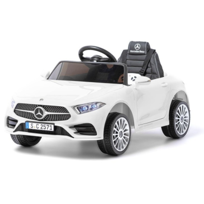 Carro elétrico infantil branco da Mercedes-Benz com volante e banco preto