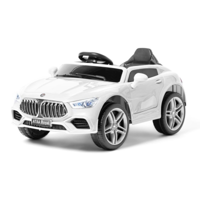 Carro de brinquedo elétrico branco para crianças com volante e assento preto