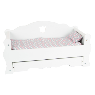 Cama branca de madeira com almofada cinza e rosa para criança ou boneca