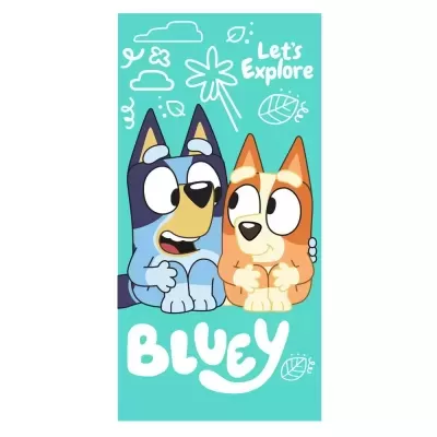 Desenho cartoon de dois cães azul e castanho claro com texto Lets Explore e Bluey