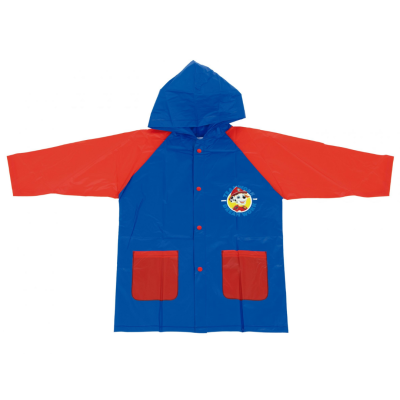 Impermeável infantil azul e vermelho com capuz e bolsos