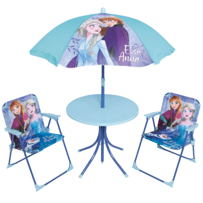 Conjunto infantil com duas cadeiras, mesa e guarda-sol azul com personagens Elsa e Anna de Frozen