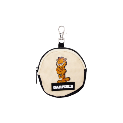 Bolsa redonda pequena bege com figura do Garfield e fecho preto