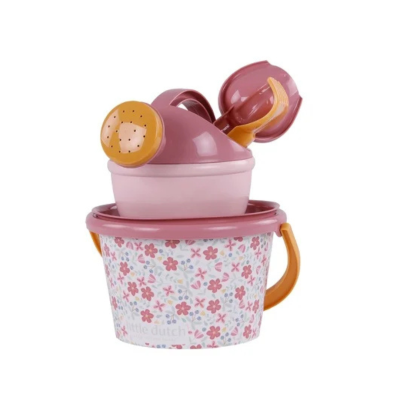 Conjunto de regador rosa, balde floral e pá de plástico