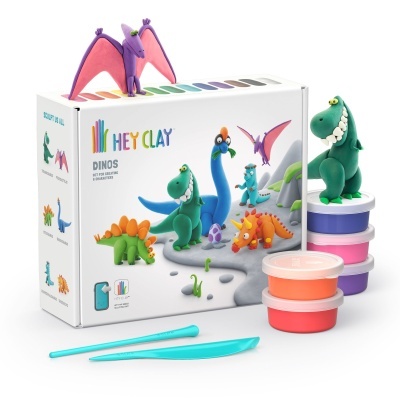 Conjunto Hey Clay DINOS para modelar dinossauros com massa colorida e ferramentas.