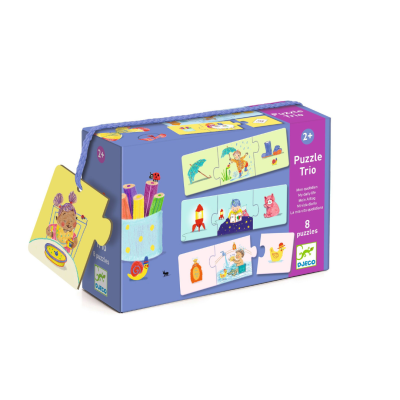 Caixa de puzzle Trio da Djeco com 8 puzzles coloridos para crianças