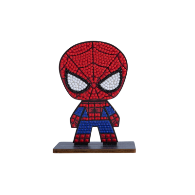 Figura decorativa Spider-Man feita com pequenas esferas coloridas em base de madeira